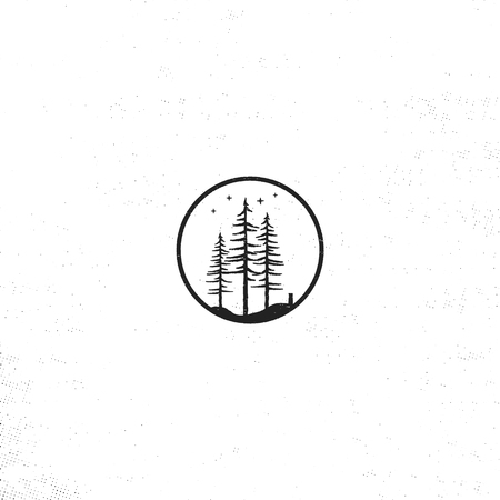 Hand drawn forest badge concept. Pine trees textured illustration with stars.のイラスト素材