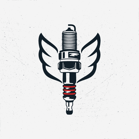 Spark plug with wings. Vintage hand drawn automobile tools. Sparking-plug in silhouette style. Stock vector isolated on white backgroundのイラスト素材