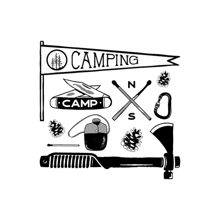 Vintage camping adventure shapes. Hiking symbols - pennant, knife, matches, axe and others.のイラスト素材