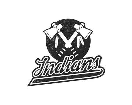 American football  emblem. USA sports badge in silhouette style. Monochrome logotype design with tomahawk and Indians sign. Stock vector insignia isolated on white background.のイラスト素材