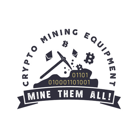 Crypto mining equipment emblem. Crypto currency label and concept. Digital assets . Vintage han drawn monochrome design. Technology patch. Stock illustration isolated on white backgroundの写真素材