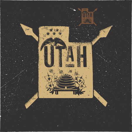 Retro Utah poster with local symbols. USA state badge isolated on distressed background. Perfect for t-shirt, patch, prints. Stock vector illustration isolated on white backgroundのイラスト素材