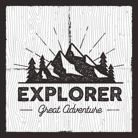 Wanderlust Camping badge. Old school hand drawn t shirt Print Apparel Graphics. Retro Typographic Custom Quote Design. Textured Stamp effect. Vintage camp Style card. Stock Vector emblemのイラスト素材