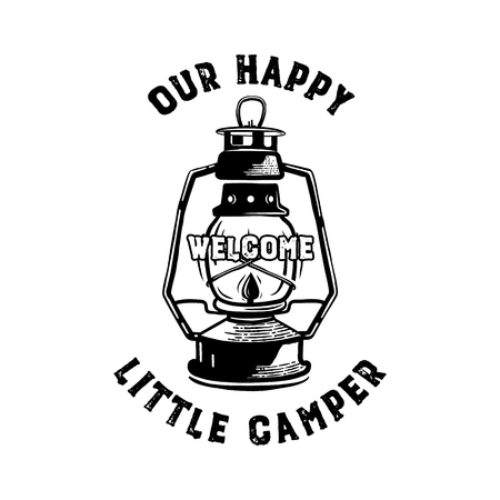 Happy Camper Badge with quote our little camp and camping lantern emblem design. Nice for hiking enthusiasts, for t-shirt, mug other prints. Stock vector isolated on whiteのイラスト素材