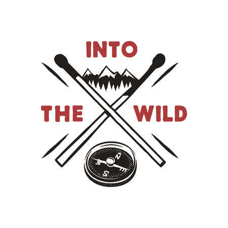 Into the Wild - Outdoors Adventure Badge with mountains, compass, matches symbols. Nice for camping enthusiasts, for t-shirt, mug other prints. Stock vector isolated on whiteのイラスト素材