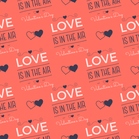 Valenines Day pattern. Love is in the air typography quotes and hearts. Trending living coral 2019 colors palette. Holiday seamless design. For gifts packaging, textile prints. Stock vector.のイラスト素材