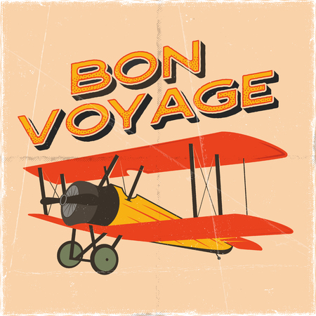 Flight poster in retro style. Bon voyage quote. Vintage hand drawn travel airplane design for t-shirt, mug, emblem or patch. Stock vector retro illustration with biplane and textのイラスト素材