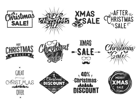 Christmas sale lettering and xmas calligraphy set. Typography elements collection. Holiday Online shopping type quotes. Stock seasonal sales vector black overlays isolated on white backgroundのイラスト素材