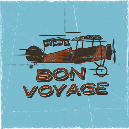 Vintage airplane poster. Bon voyage quote. Biplane vector graphic label, emblem. Retro Plane badge design. Aviation stamp. Fly propeller, old icon, card. Stock vector illustration.のイラスト素材