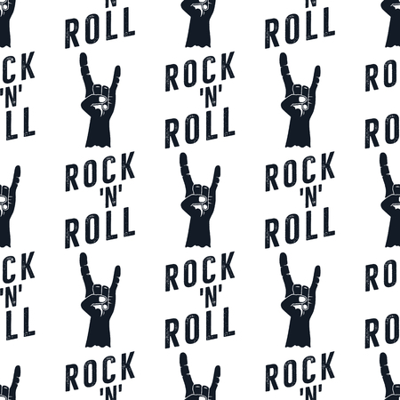 Rock n Roll pattern with hand sign icon and typography elements. Silhouette retro style seamless hard music background. Stock vector monochrome heavy musical wallpaper.のイラスト素材