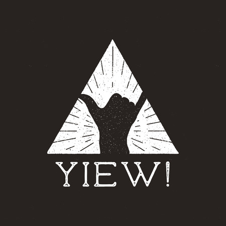 Surfing badge print design with shaka hand sign and Yiew sign typography elements. Retro surf poster, grunge t-shirt. Stock vector emblemのイラスト素材