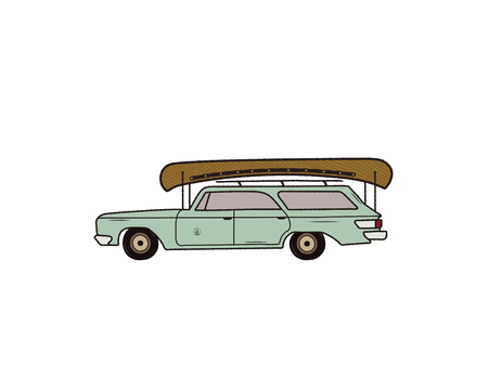 Vintage hand drawn camp car. Retro transportation with canoe. Old style automobile. Perfect for T-Shirt, travel mugs and otjer outdoor adventure apparel, clothing prints. Stock vector isolatedのイラスト素材