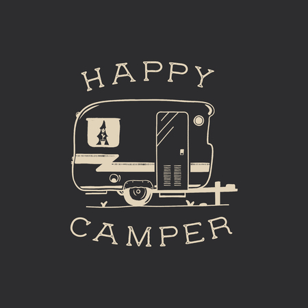 Camping typography badge illustration design. Outdoor travel logo graphic with RV van trailer and quote - Happy Camper. Wanderlust old style patch for t-shirt and other uses. Stock vectorのイラスト素材