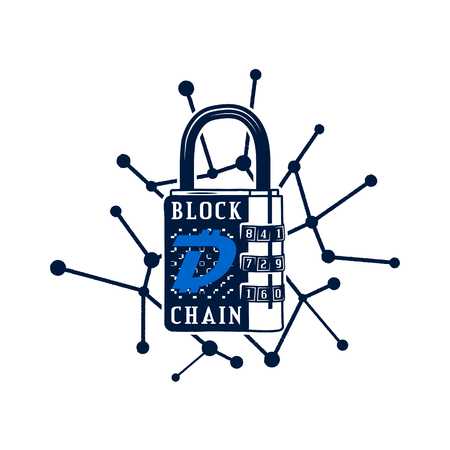 Digibyte blockchain logo graphic. DGB Digital asset concept. Crypto emblem with lock. Blockchain technology sticker for printing. Stock vector tech illustration isolated on white background.のイラスト素材