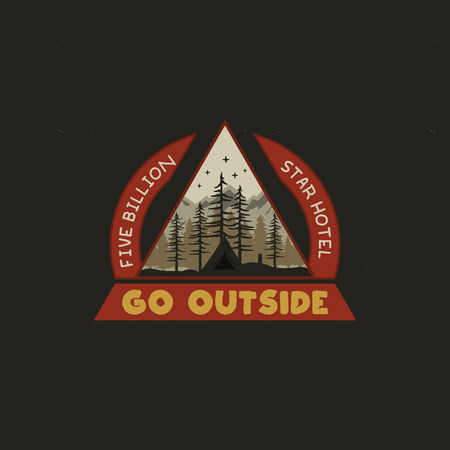 Mountain Camping badge illustration design. Unusual outdoor travel logo graphic with tent, trees and quote - Go outside. Wanderlust old style patch for t-shirt and other uses. Stock vectorのイラスト素材