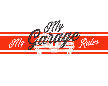 Garage tee print with slogan. Typography for t shirt - My garage my rules. Trending fashion pink style. Vintage car vector design isolatedのイラスト素材