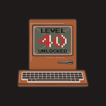 Happy 40th birthday graphic tee design for T-Shirts, posters, prints. Retro video gamers controller and quote - level 40 unlocked. Funny illustration for birthday decorations. Stock vector emblemのイラスト素材