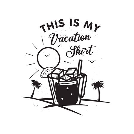 Vintage hand drawn vacation and travel concept for print. t-shirt, posters. Beach with palm trees, drinking and sun.のイラスト素材