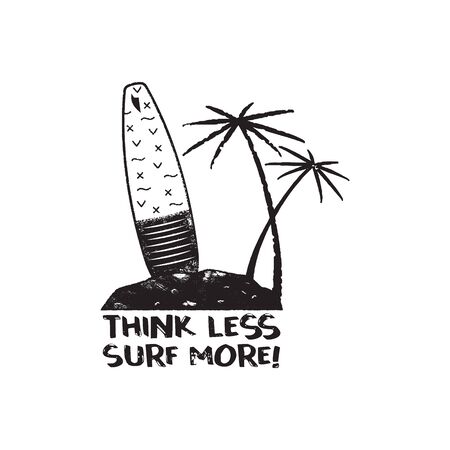 Vintage surf print design for t-shirt and other uses. Think less Surf more typography quote calligraphy and palms icons. Unusual hand drawn surfing graphic patch emblem. Stock vectorのイラスト素材