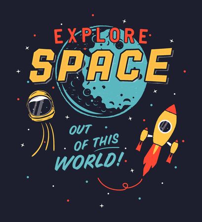 Vintage Explore Space graphic for t shirt, poster. Space propaganda design with spaceship, shuttle, helmet and moon. Retro style rocket and stars.のイラスト素材