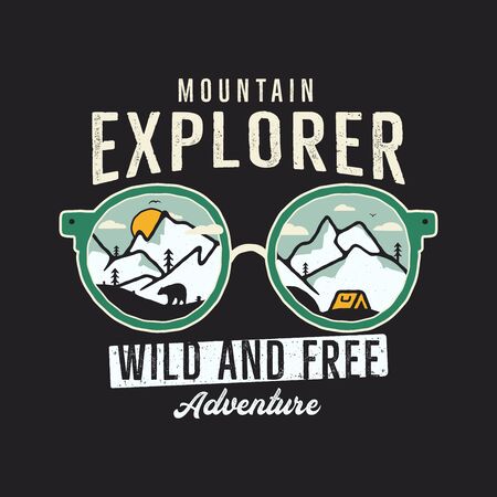 Mountain Explorer Graphic for T-Shirt, prints. Vintage hand drawn camp emblem. Retro summer winter travel scene, unusual badge.のイラスト素材