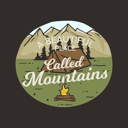 Camping graphic for T-Shirt, prints. Vintage hand drawn patch emblem. Retro summer travel landscape, unusual badge - A beautiful place called Mountains phrase. Outdoors Adventure Label. Stock vector.のイラスト素材