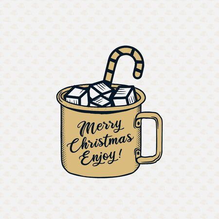 Merry Christmas season graphic print, t shirt design for xmas party, cricut. Holiday decor with xmas mug, marshmallow texts and ornaments. Stock vector isolatedのイラスト素材