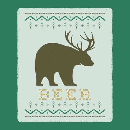 Funny Christmas graphic print, t shirt design for ugly sweater xmas party. Holiday decor with text - Beer, ornaments and bear with antlers. Fun typography tee template. Stock vectorのイラスト素材