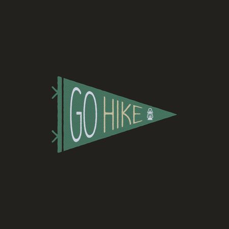 Vintage camp pennant logo, Go hike sticker. Hand drawn badge design. Travel expedition, wanderlust retro graphics. Travel hiking logotype. Stock vector.のイラスト素材