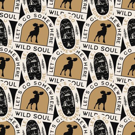 Camping seamless pattern with mountain forest labels badges. Wild soul text. Travel wallpaper background. Stock vector.のイラスト素材