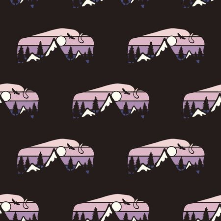 Camping seamless pattern with wild animal labels buffalo badges. Travel wallpaper background. Stock vector.のイラスト素材