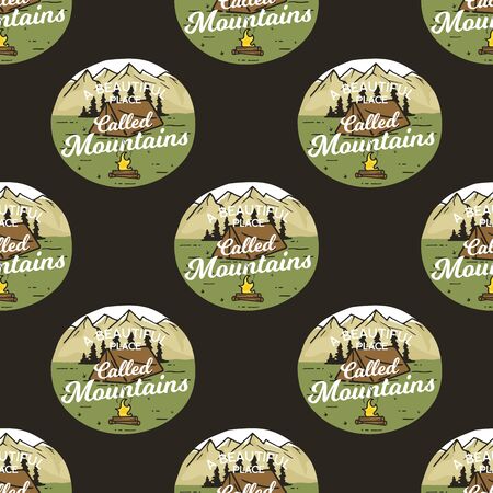 Camping seamless pattern with adventure badges. Travel wallpaper background. Stock vector.のイラスト素材