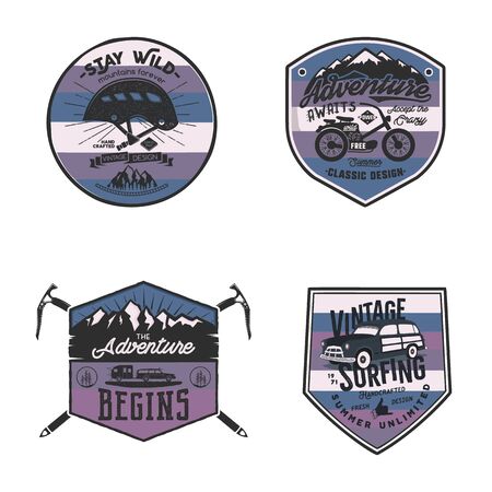 Vintage camp logos, mountain badges set. Unusual colors. Hand drawn labels designs. Travel expedition, wanderlust and hiking. Outdoor emblems. Logotypes collection. Stockの写真素材