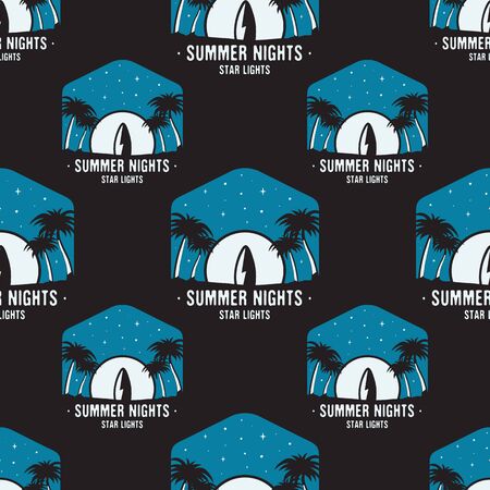 Surfing adventure seamless pattern with surfboard and waves scene labels badges. Summer nights star lights t-shirt text. Summer wallpaper background. Stock vectorのイラスト素材