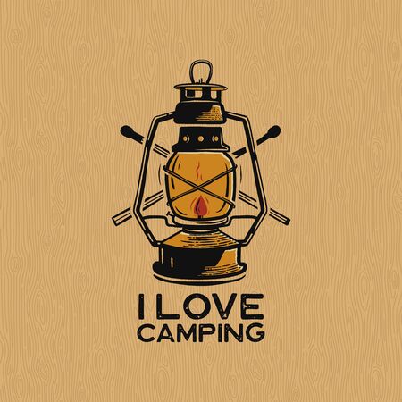 Vintage camp lantern patch logo, I love camping badge. Outdoor adventure emblem. Stock vectorのイラスト素材