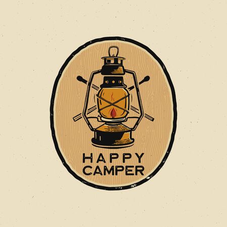 Happy camper Logo Design print. Camping lantern badge badge. Wilderness adventure patch. Camp design for t-shirt, other prints. Outdoor insignia label. Stock vector.のイラスト素材