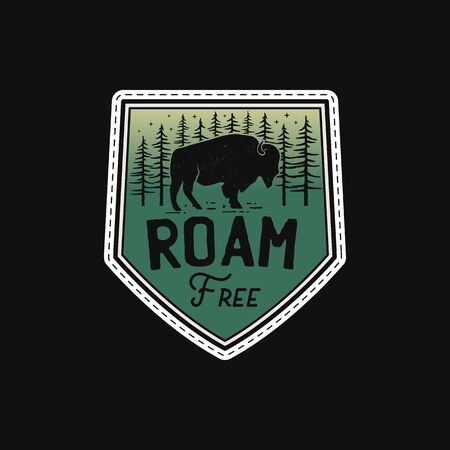 Vintage camp patches logo, mountain life badge. Hand drawn sticker design. Travel expedition, backpacking label. Outdoor wanderlust emblem with buffalo. Stock vectorのイラスト素材