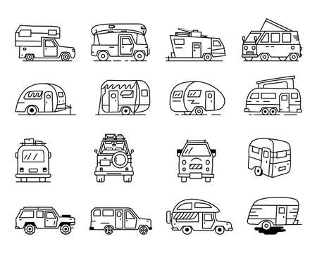 Vintage hand drawn camper recreational trailers, Rv cars icons. Simple line art graphics. Camping vehicles and caravans symbols.のイラスト素材
