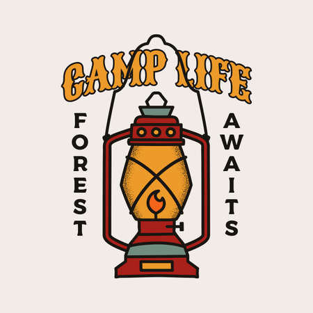 Camping badge illustration design. Outdoor icon with camp lantern and quote - Camp life, forest awaits, for t shirt. Unusual hipster style patch.のイラスト素材