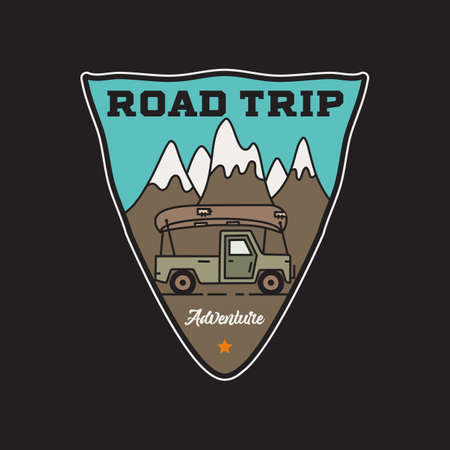 Vintage road trip adventure badge sticker illustration design. Camp outdoor icon with mountain, camper. Retro travel emblem. Unusual hipster style patch.のイラスト素材