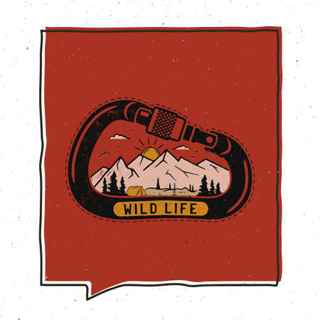 Vintage adventure badge illustration design. Outdoor emblem with carabiner, mountains and text - Wild life. Unusual hipster style patch. Stock vectorのイラスト素材