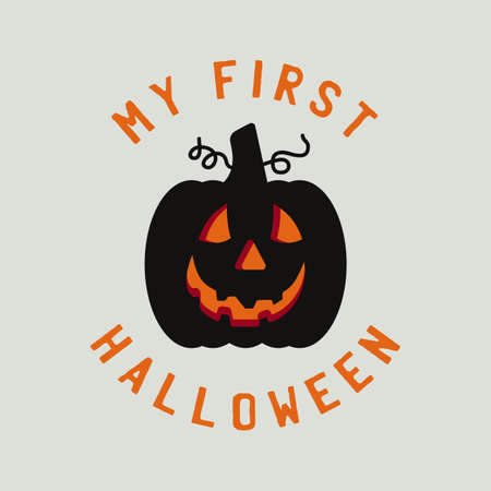 Vintage Halloween typography badge graphics with pumpkin and quote text - My first Halloween. Holiday cute emblem label. Stock vector stickerのイラスト素材