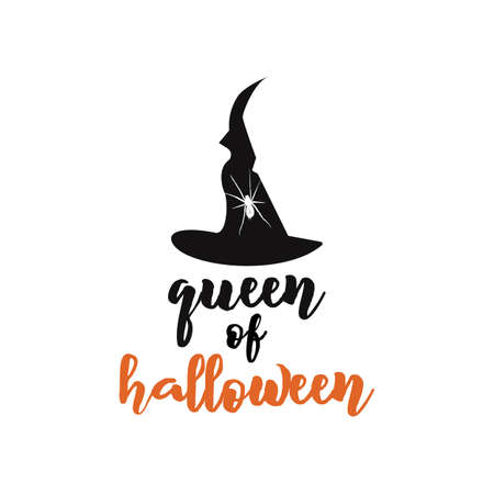 Queen of Halloween emblem design. Holiday poster with hat, spider and text - queen of Halloween. Vector holiday badge illustration.のイラスト素材
