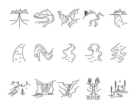 Simple vector valleys, rivers and mountains icons shapes set. Outdoor adventure line art elements bundle. Silhouette linear concept. Stock vector collectionのイラスト素材