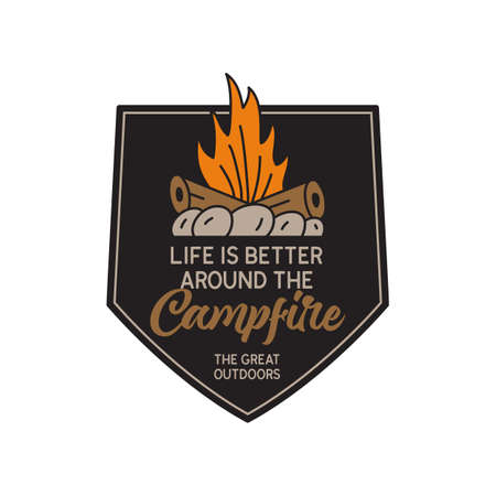 Vintage camping logo, adventure emblem illustration design. Outdoor label with campfire and quote text - Life is better around the campfire. Unusual linear hipster style sticker. Stock vector.のイラスト素材