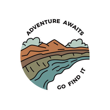 Vintage camping adventure badge illustration design. Outdoor emblem with mountains valley and text - Adventure awaits go find it. Unusual linear hipster style patch. Stock vectorのイラスト素材