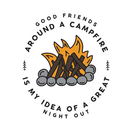 Vintage camping logo, adventure emblem illustration design. Outdoor campfire label with bonfire and text - Good friends around a campfire.のイラスト素材