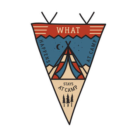 Vintage camping adventure pennant emblem illustration design. Outdoor logo badge with tent and text - What happens at camping stays at camping. Unusual linear hipster style flag. Stock vectorのイラスト素材
