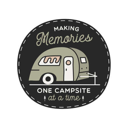 Vintage camping RV logo, adventure emblem illustration design. Outdoor label with car, caravan and text - Making memories one campsite at a time. Unusual linear hipster style sticker. Stock vector.のイラスト素材