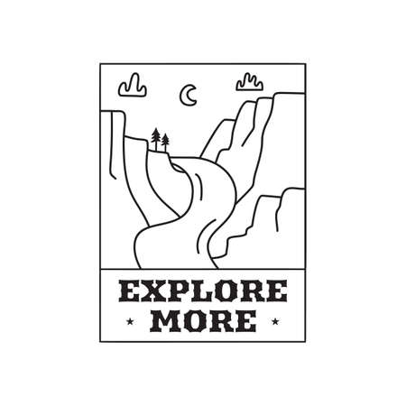 Camping adventure logo emblem illustration design. Outdoor label with mountains landscape and text - Explore more. Unusual linear hipster sticker. Stock vector.のイラスト素材